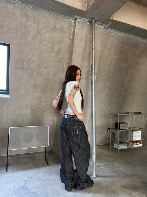 Blue and white striped studded pants