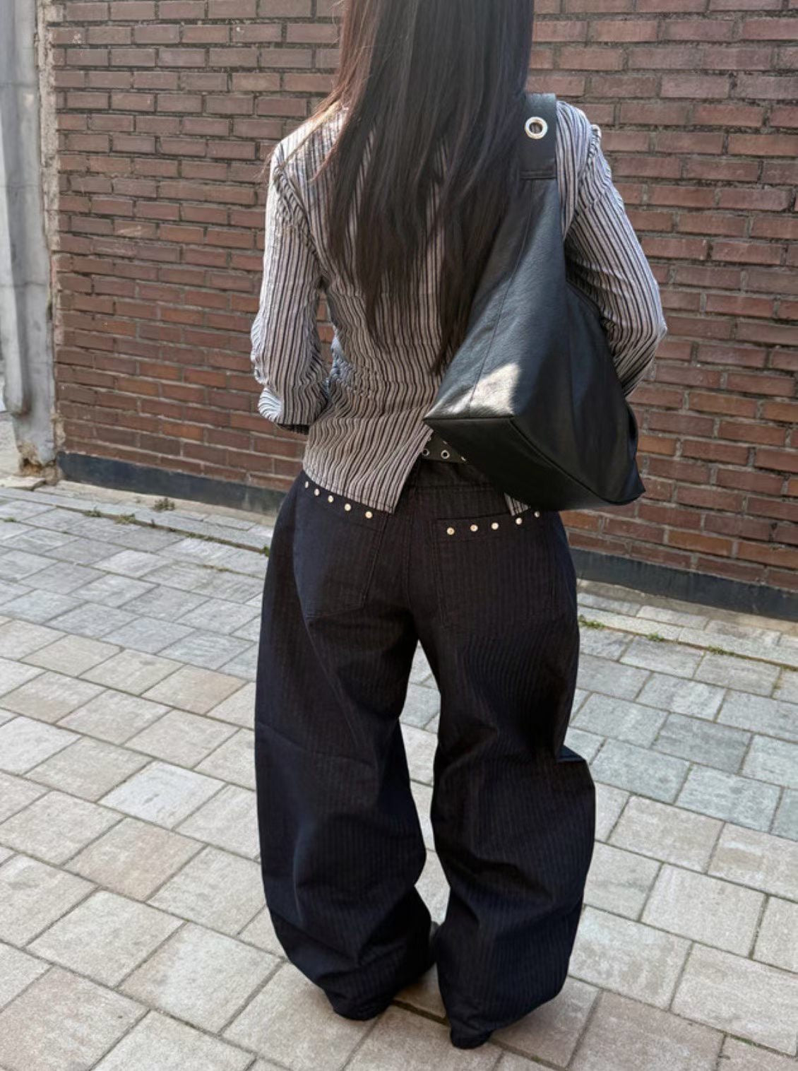 Blue and white striped studded pants