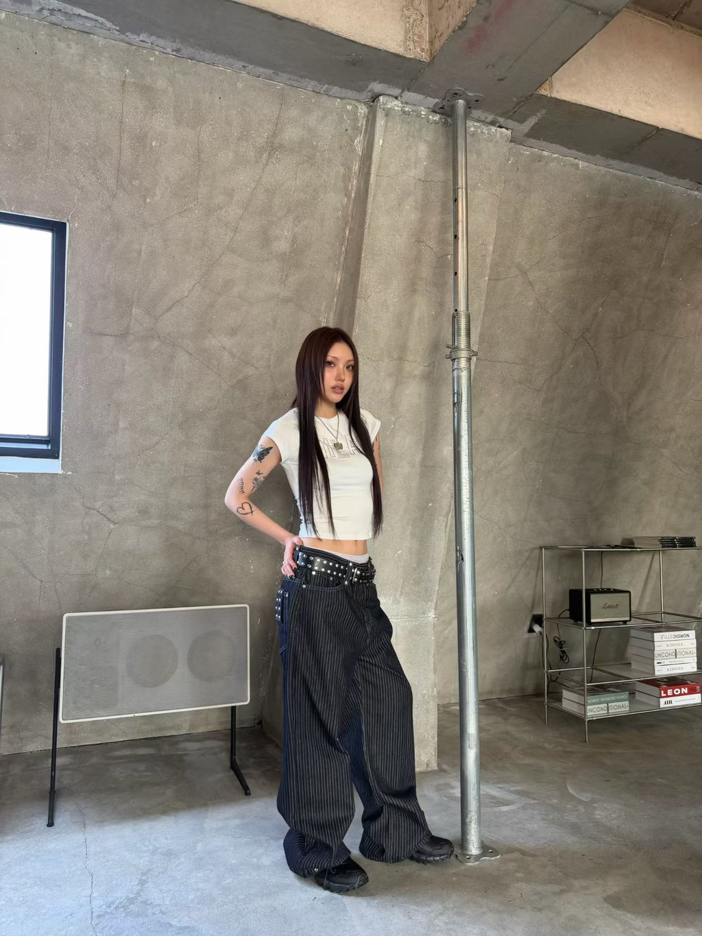Blue and white striped studded pants