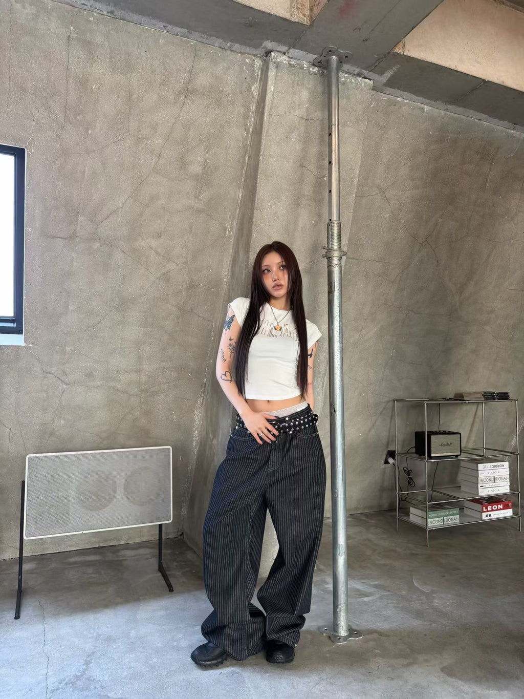 Blue and white striped studded pants