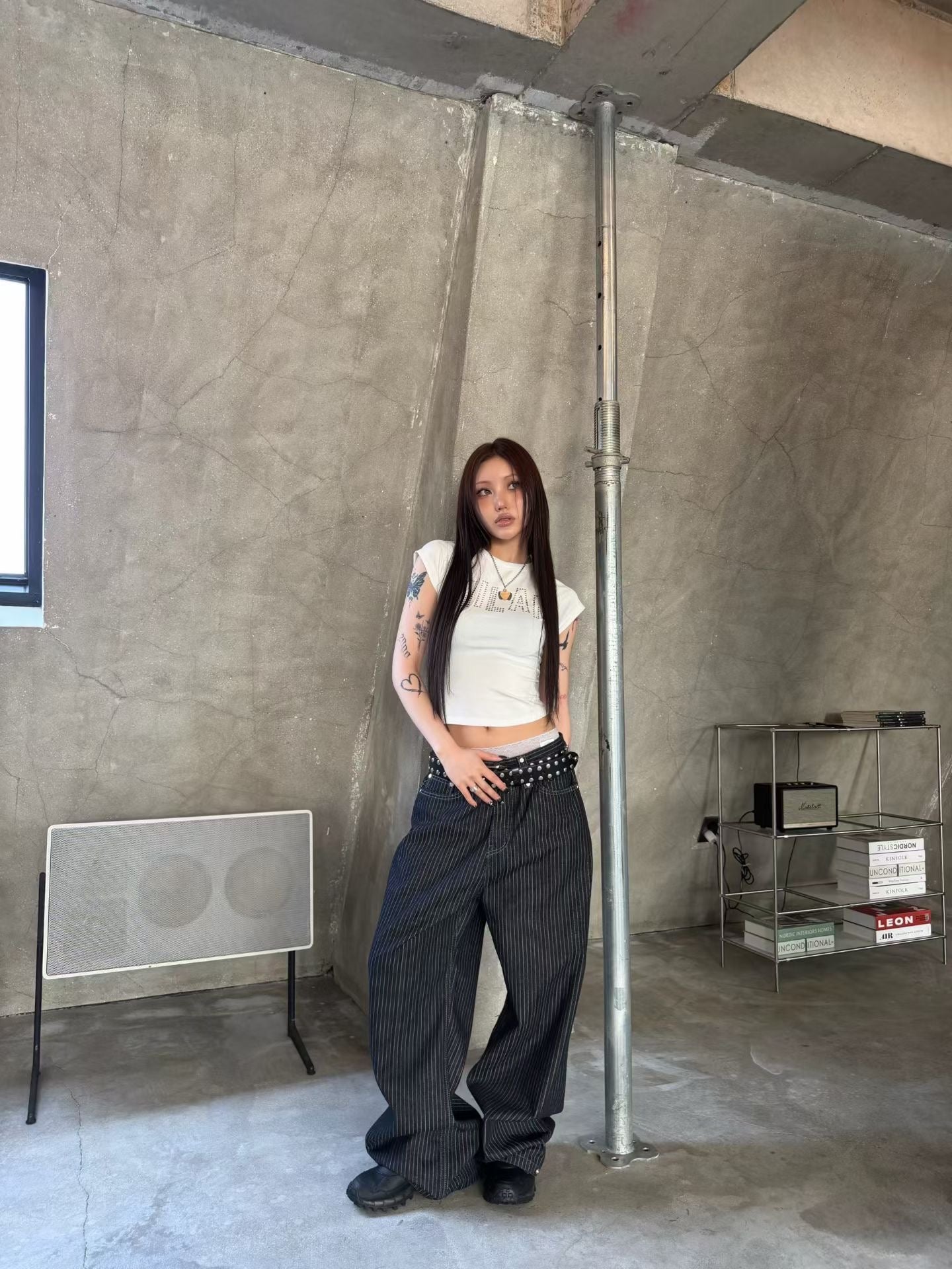 Blue and white striped studded pants