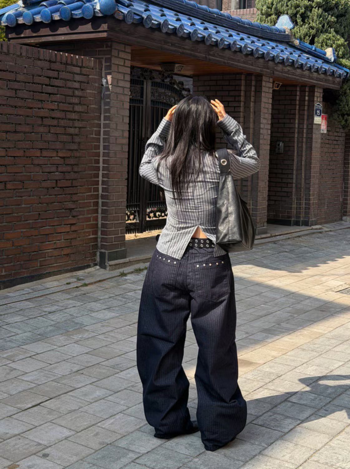 Blue and white striped studded pants