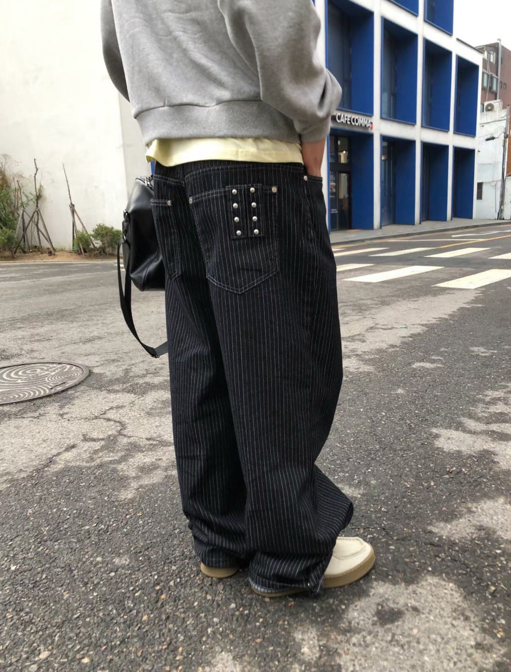 Blue and white striped studded pants