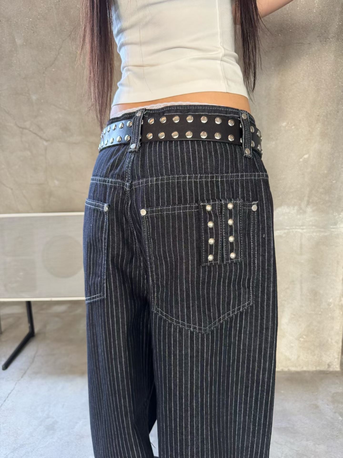 Blue and white striped studded pants