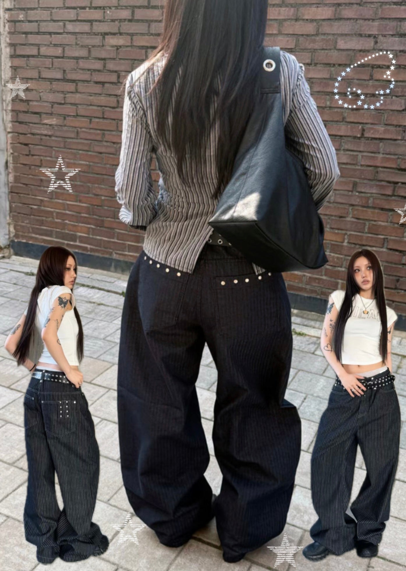 Blue and white striped studded pants