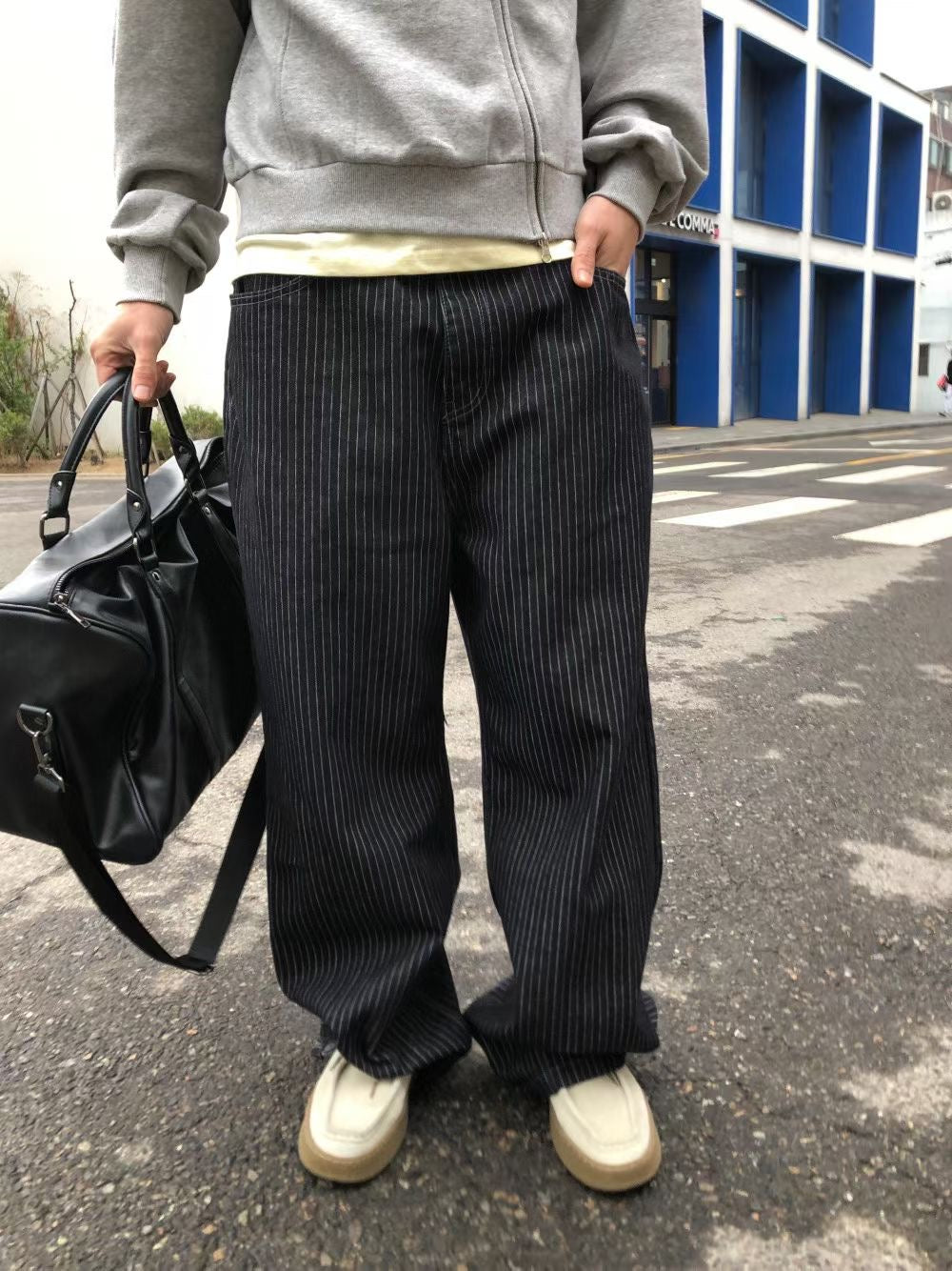 Blue and white striped studded pants