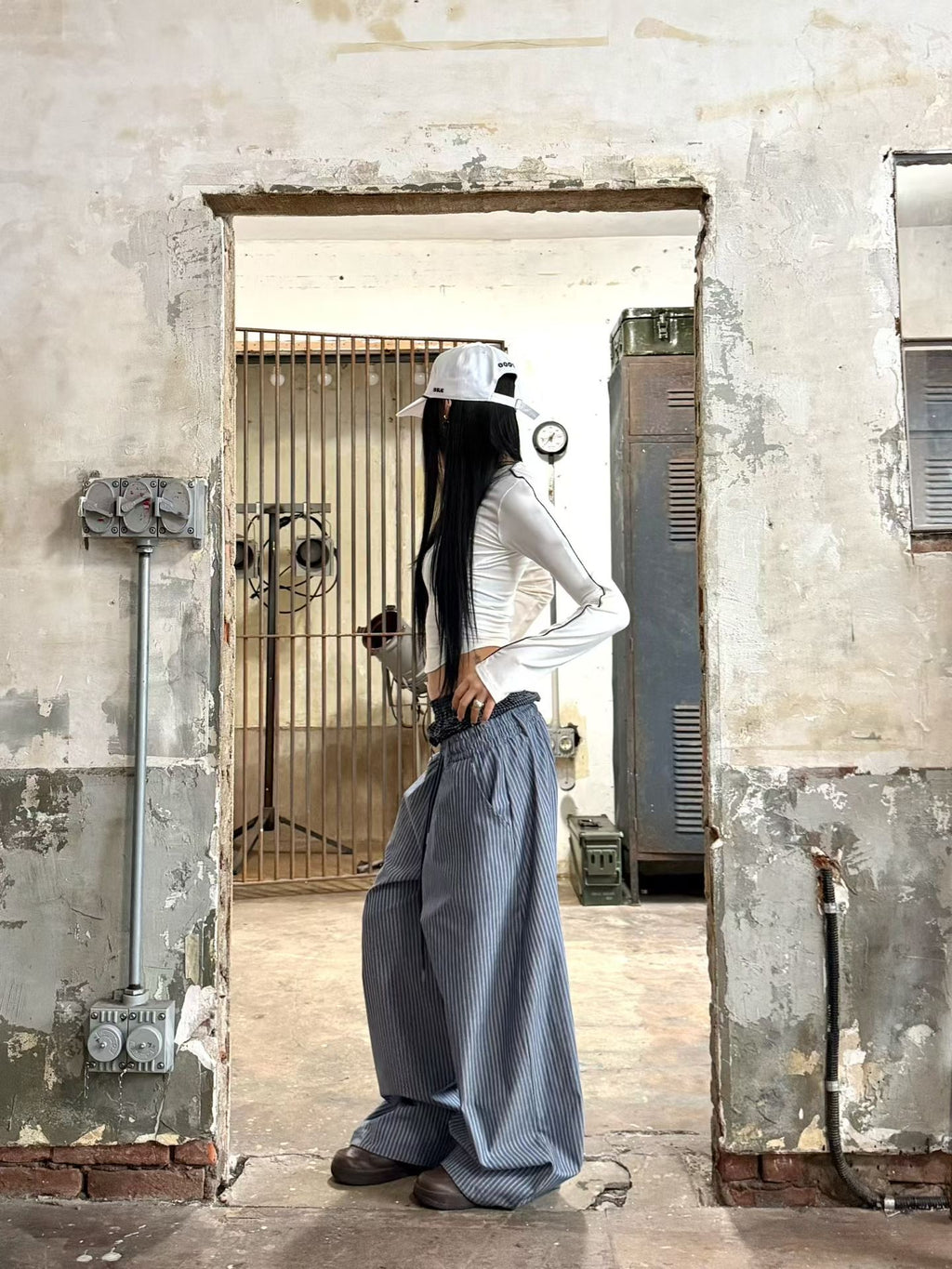 Blue and white striped pants